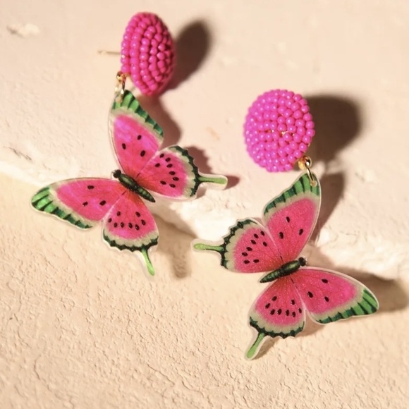 Jewelry - 🍉 Pink Watermelon Butterfly Seed Bead Dangle Earrings